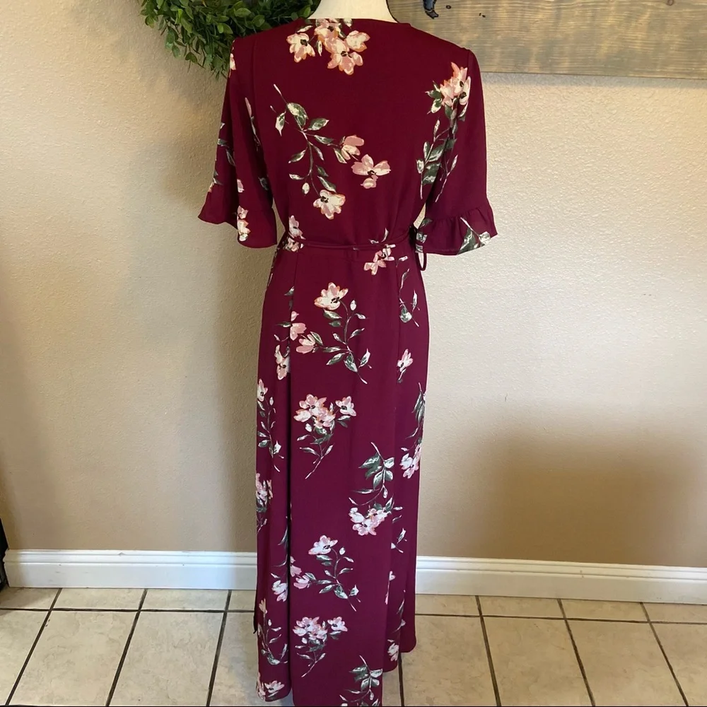 NWOT Lulus September Sunsets Burgundy Floral Print Wrap Maxi Dress_8